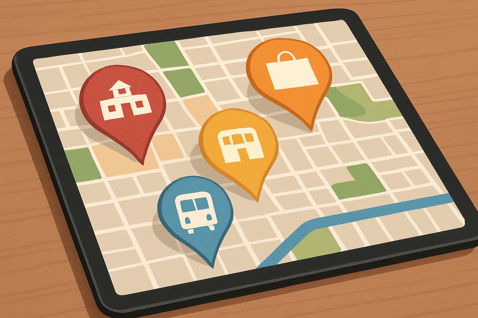 Una tablet con pins de escuela centro comercial transporte que son planes de desarrollo urbano-1