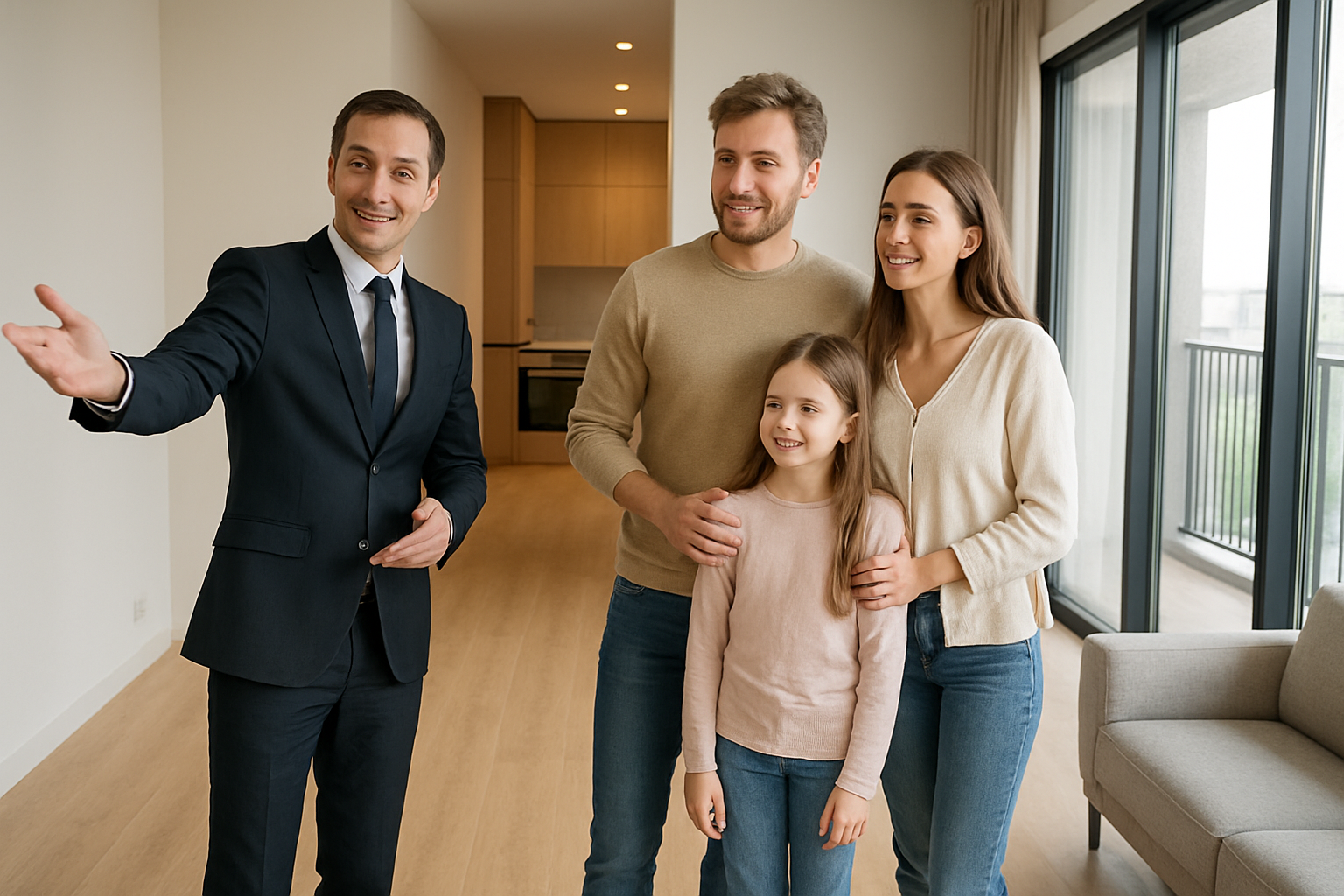 agente inmobiliario enseando un departamento exclusivo a una familia caucasica para rentarlo