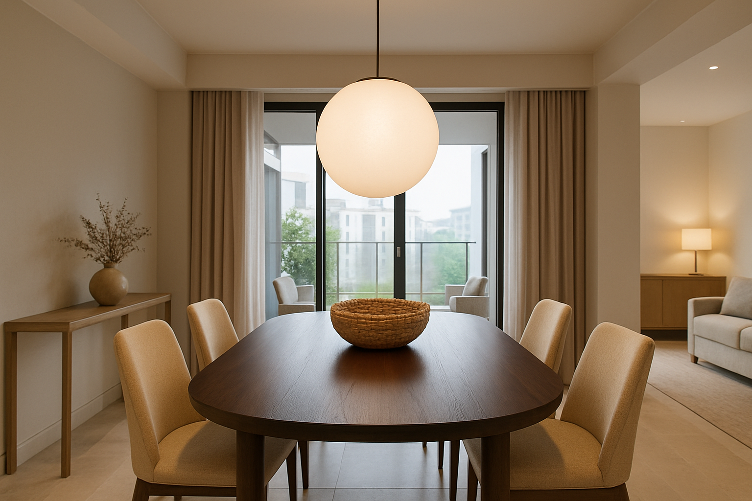 el comedor de un departamento exclusivo con Mesa madera oscura Sillas tapizadas en beige clido Lmpara redonda estilo globo y Centro de mesa en fibra n-1