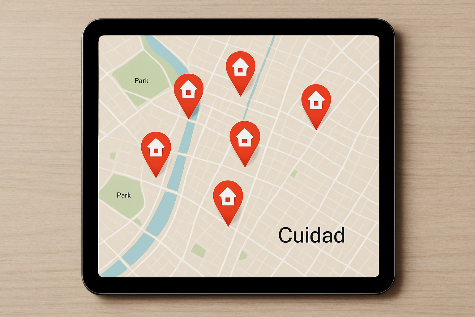 en un ipad se pueden ver la ubicacin de 5 departamentos en una cuidad-1