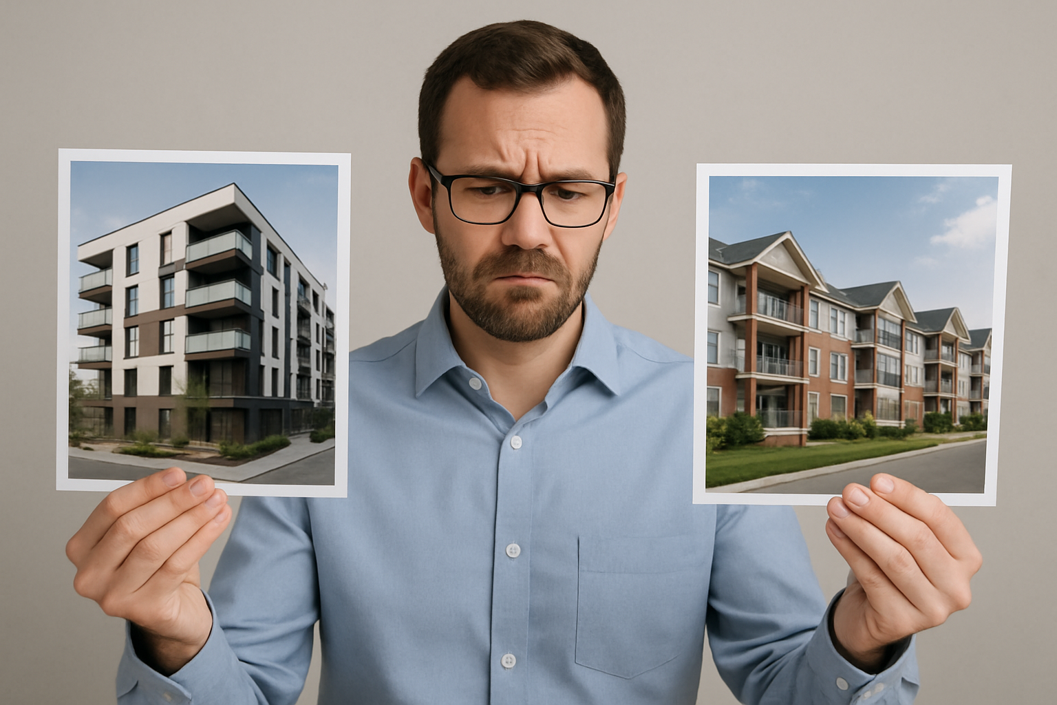 hombre caucasico comparando 2 desarrollos inmobiliarios para elegir el mejor y evitar errores-1