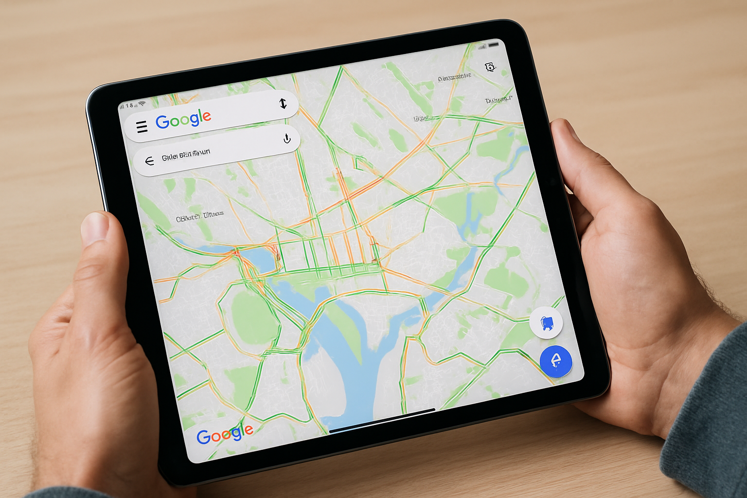manos sosteniendo un ipad donde se puede ver google maps en la pantalla-1