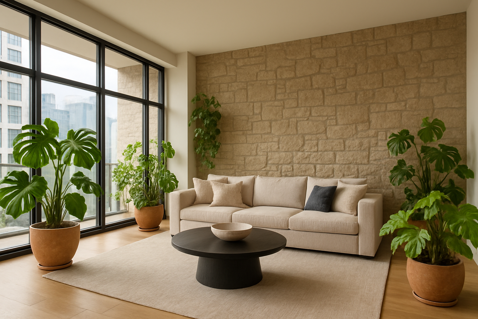 sala de un departamento de lujo con amplios ventanales una pared de piedra y macetas distribuidas con plantas monstera y pothos-1