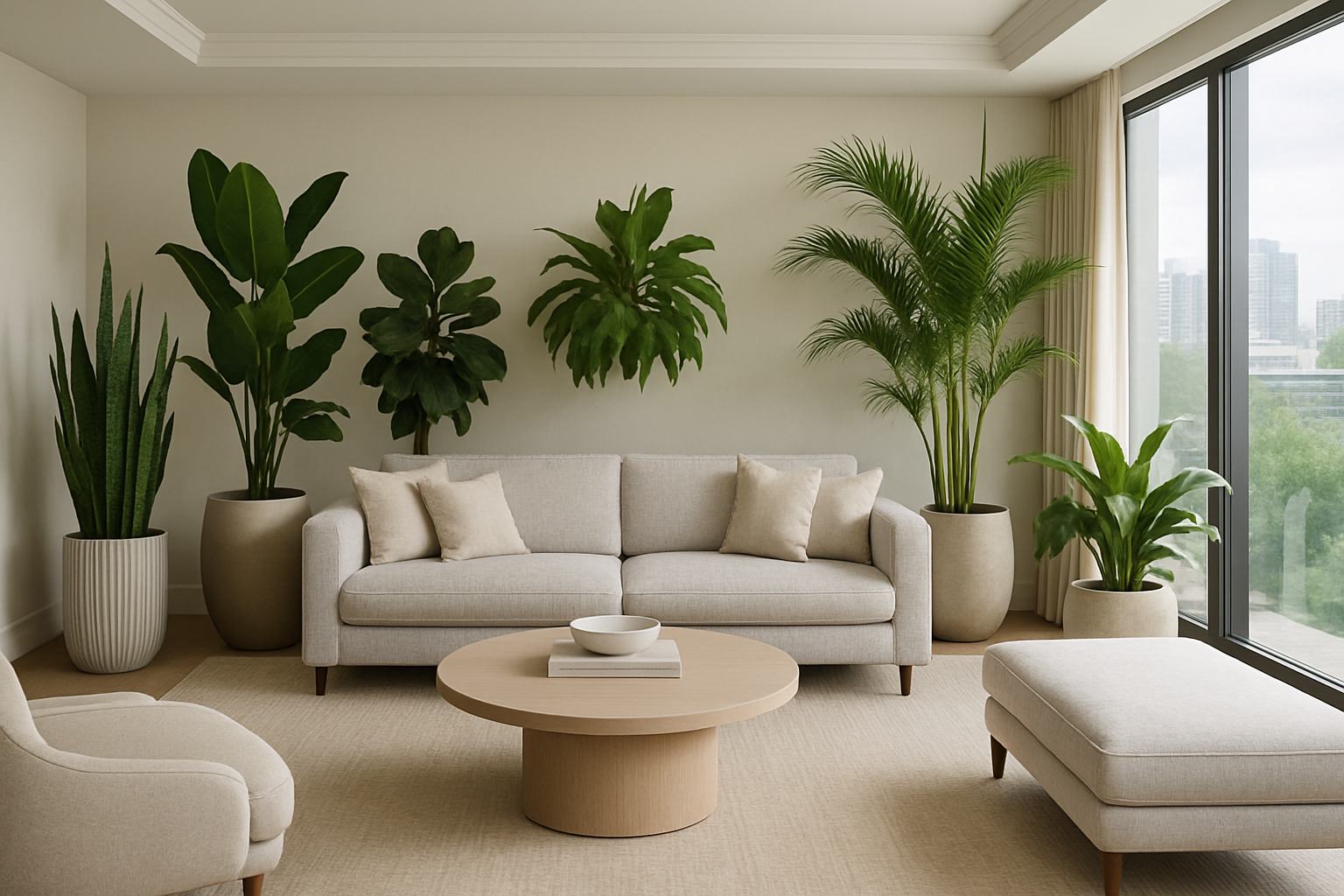 sala de un departamento de lujo en donde se ven macetas elegantes con plantas que ayudan a regular la humedad y oxigenar el ambiente-1