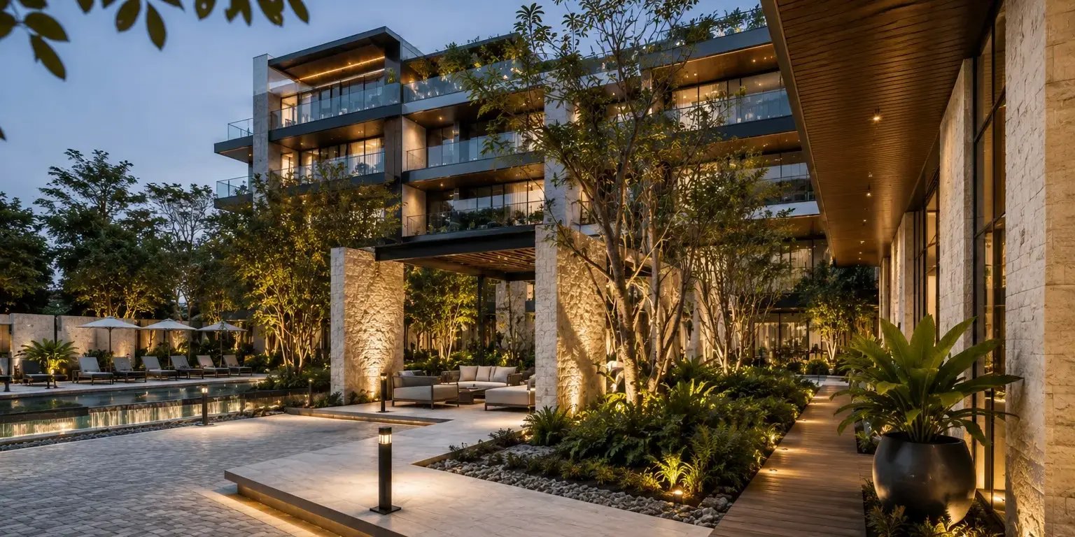 Acabados exteriores en un desarrollo residencial exclusivo con piedra natural clara, decks de madera elegante, adoquines permeables y grava decorativa