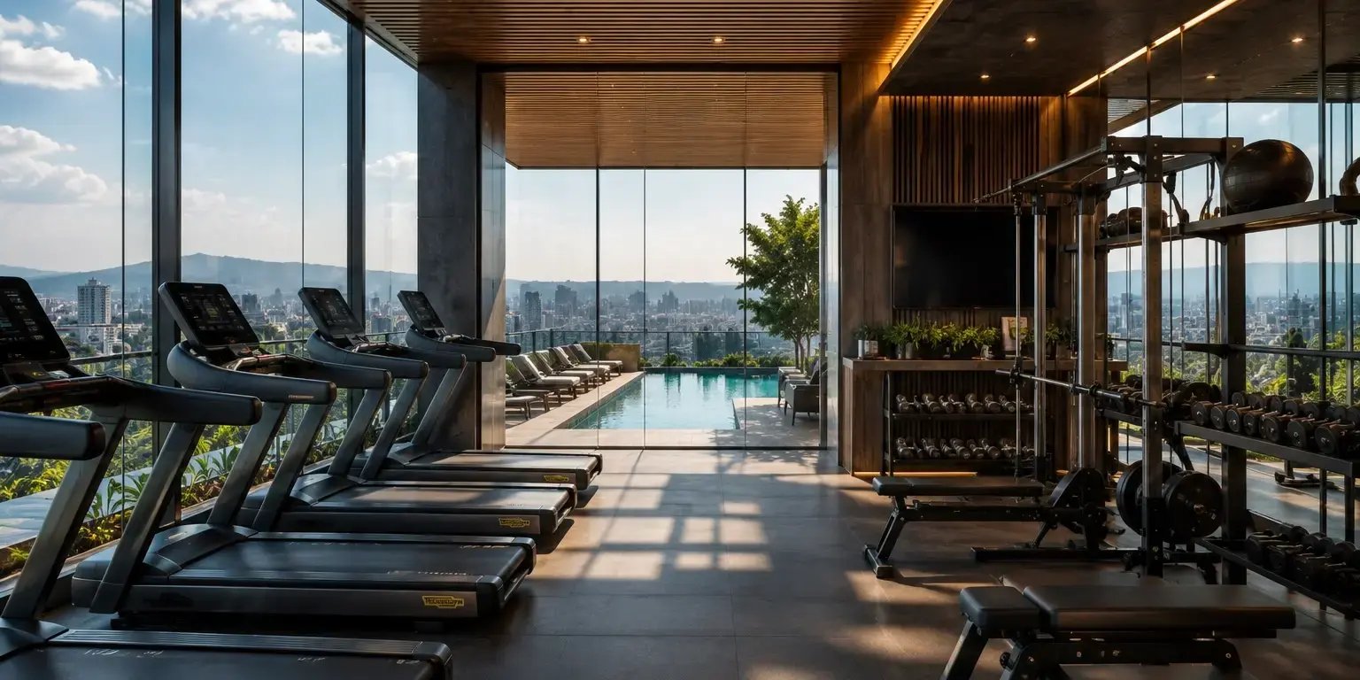 Alberca y gimnasio de un desarrollo exclusivo de departamentos, diseño arquitectónico moderno y elegante, alberca infinita con camastros y áreas lounge, gimnasio premium completamente equipado
