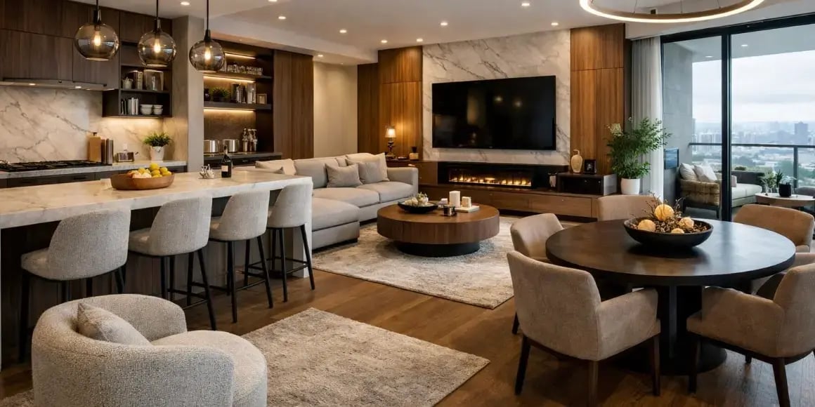 Areas comunes de un departamento exclusivo con cocina abierta, sala funcional y espacios comodos