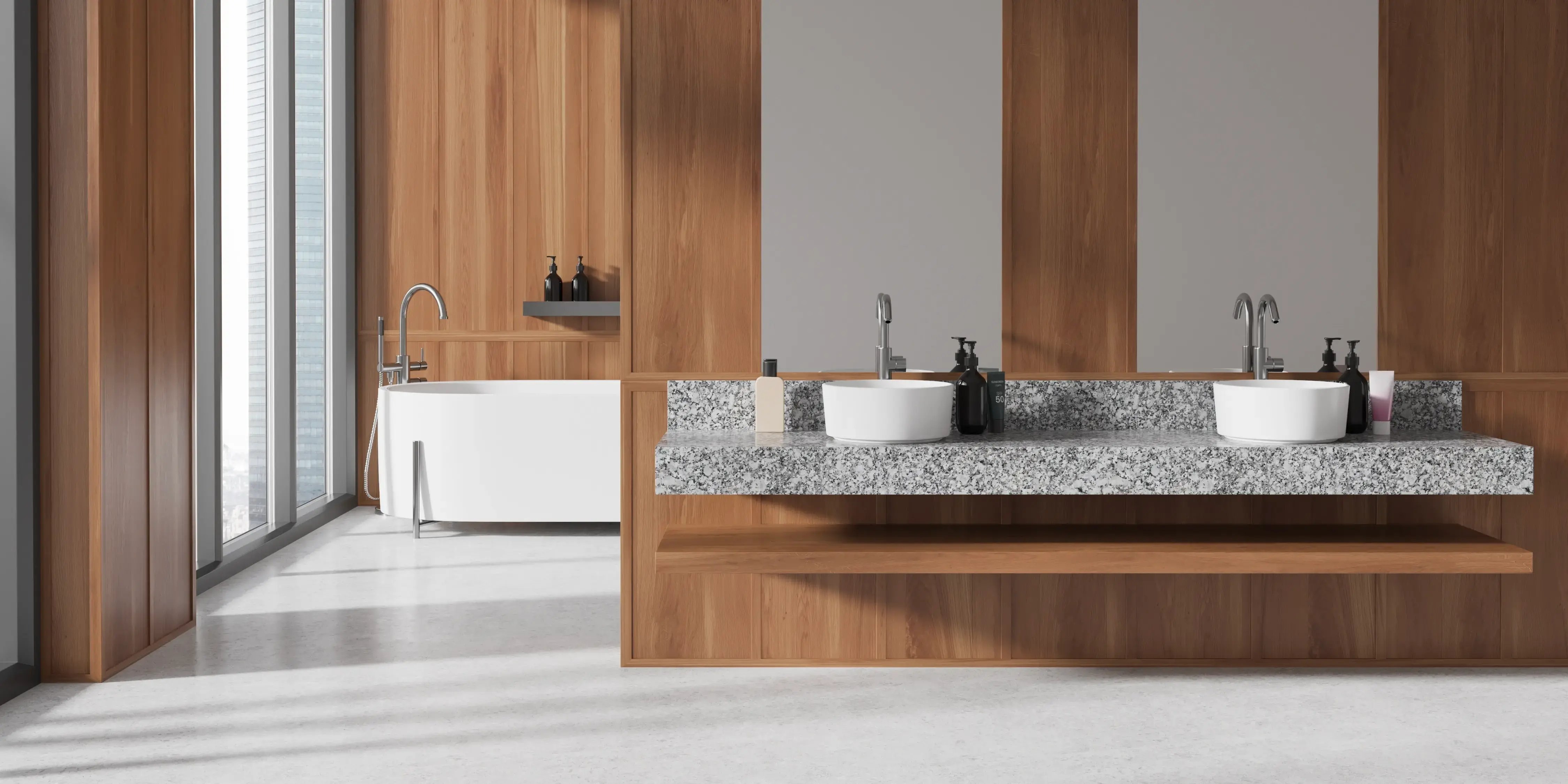 Baño elegante, con paredes de madera, una bañera blanca y lavabo doble con dos espejos de una casa de diseño minimalista