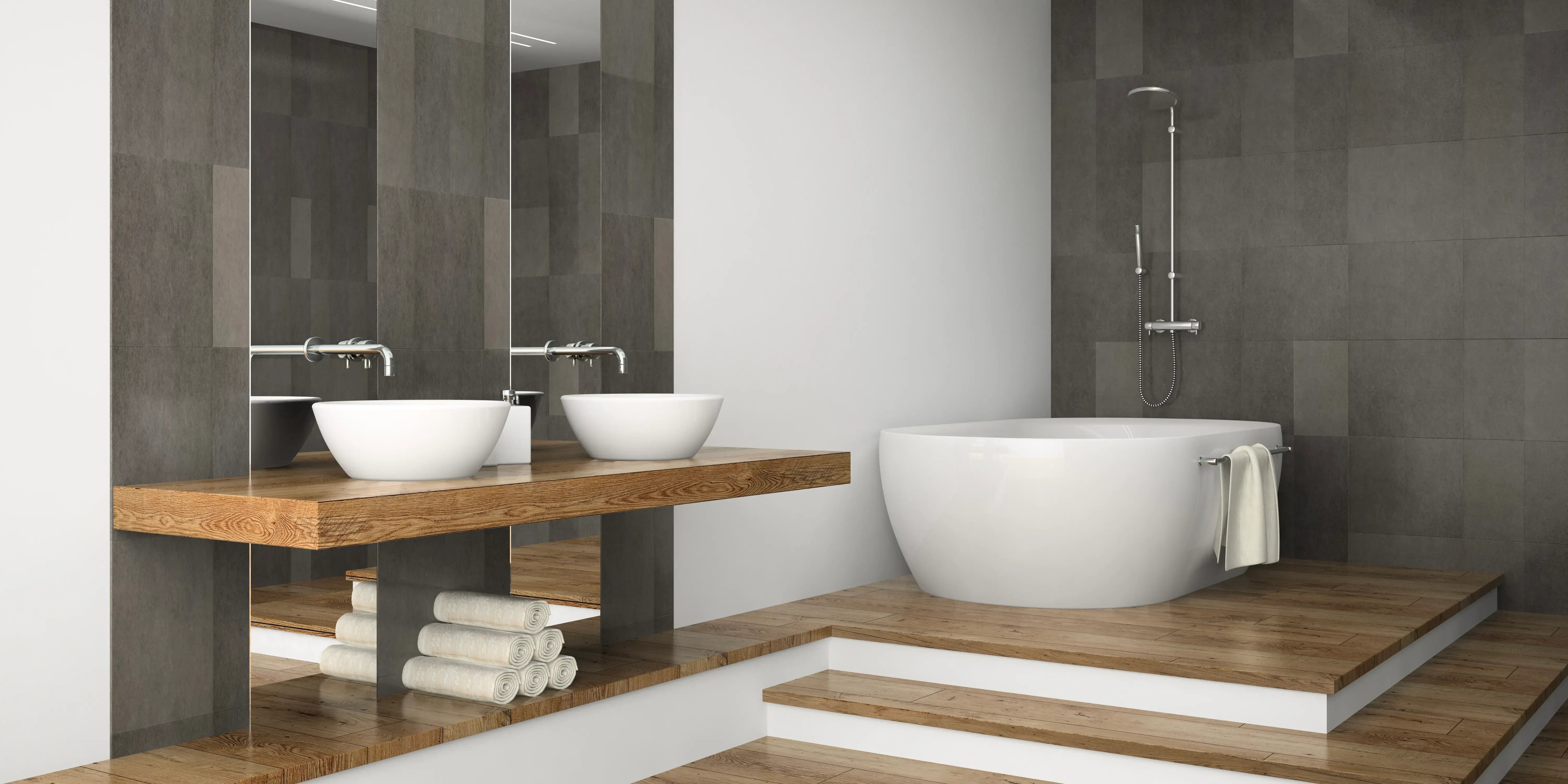 Baño estilo japandi con pisos de madera, tina y lavabos de cerámica, como diseño de interior para casa moderna