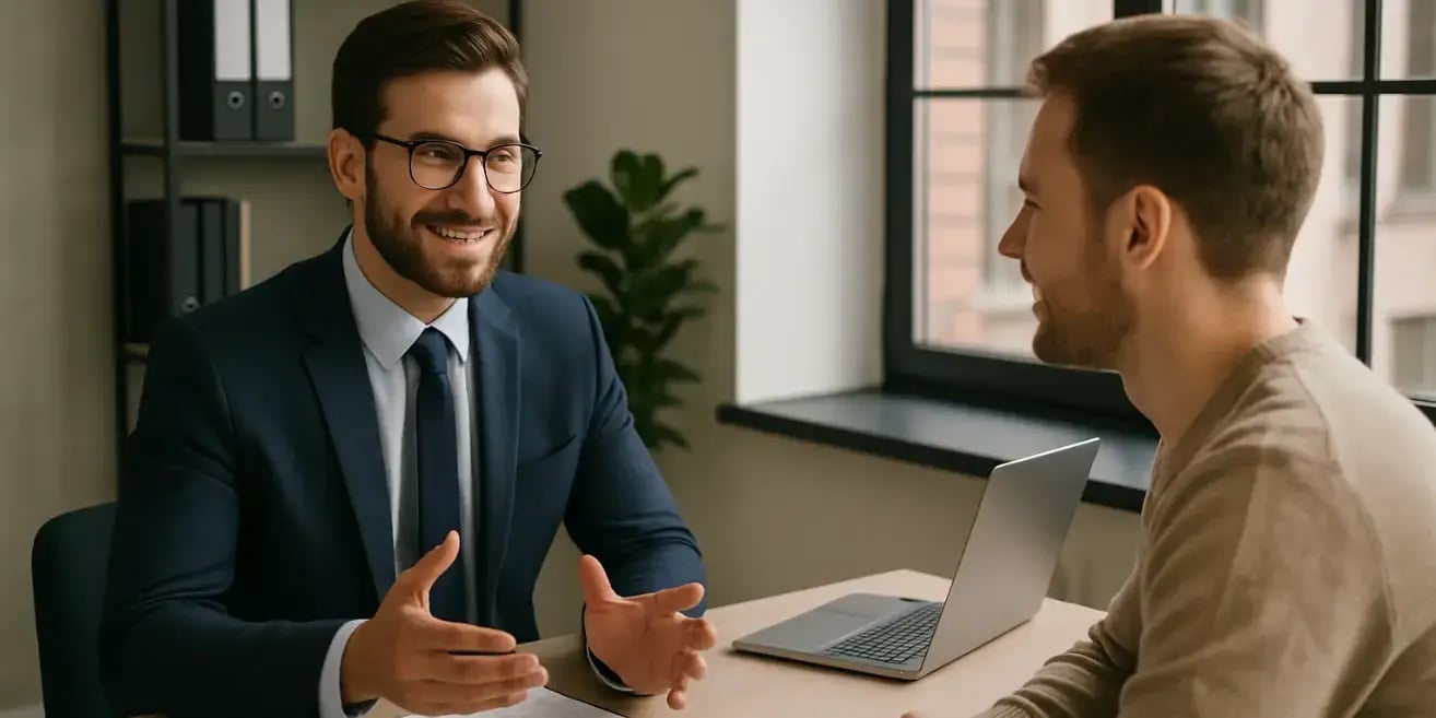 Broker inmobiliario en una oficina hablando con un hombre