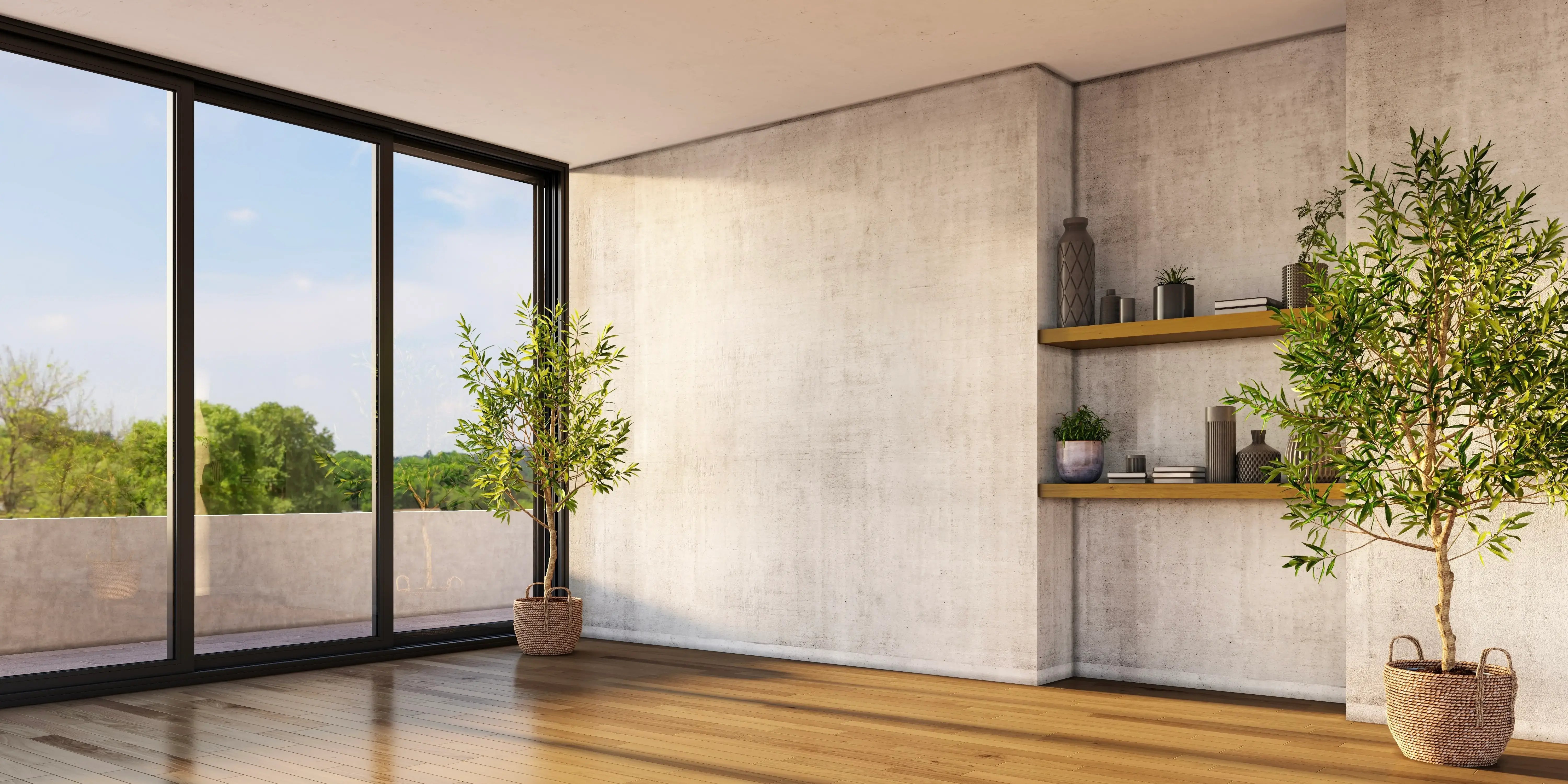 Casa con paredes de concreto y ventanales para una fachada de casas modernas