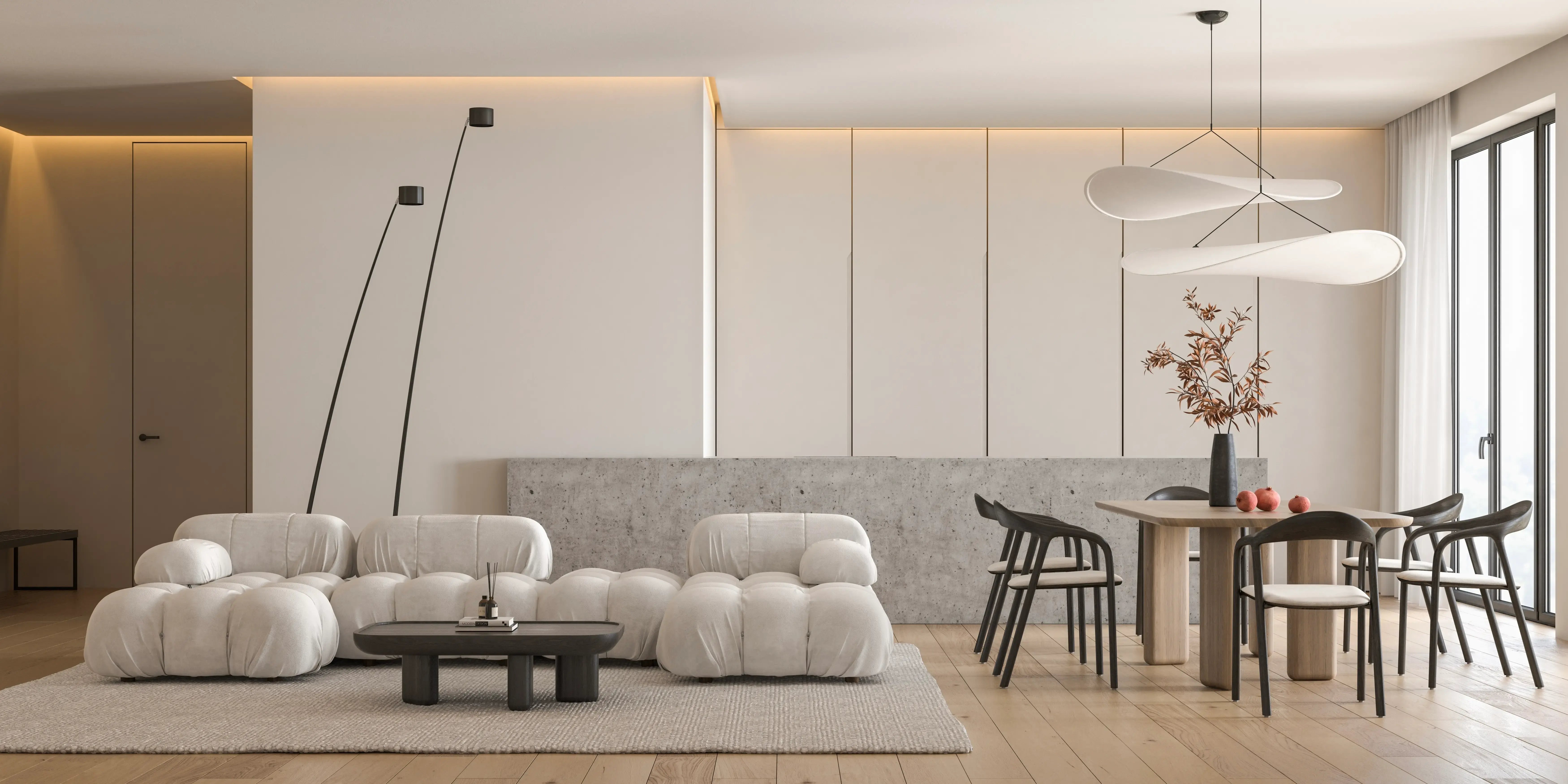 Decoración contemporánea de sala y comedor con colores neutros y acentos negros, muebles sin adornos