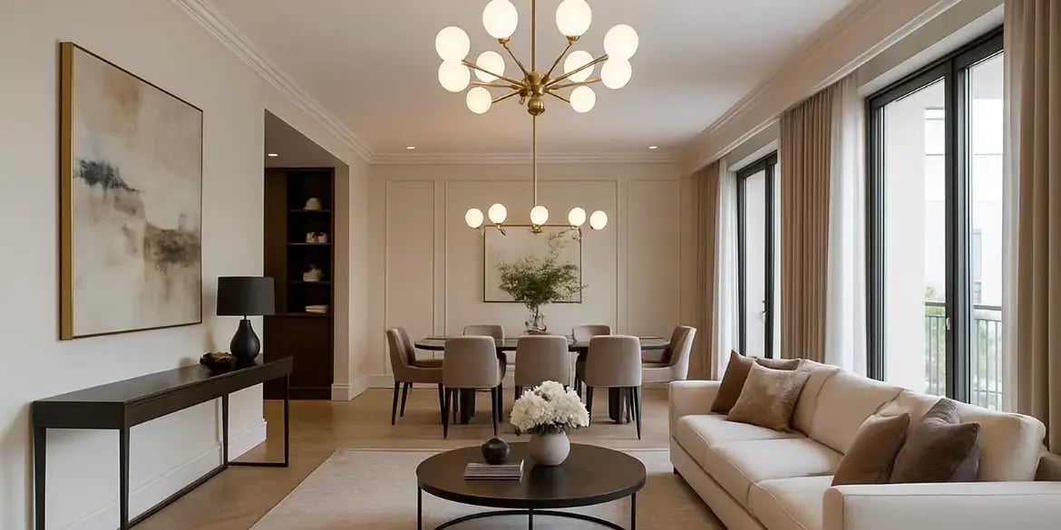 Diseno elegante de una sala y comedor de un departamento exclusivo