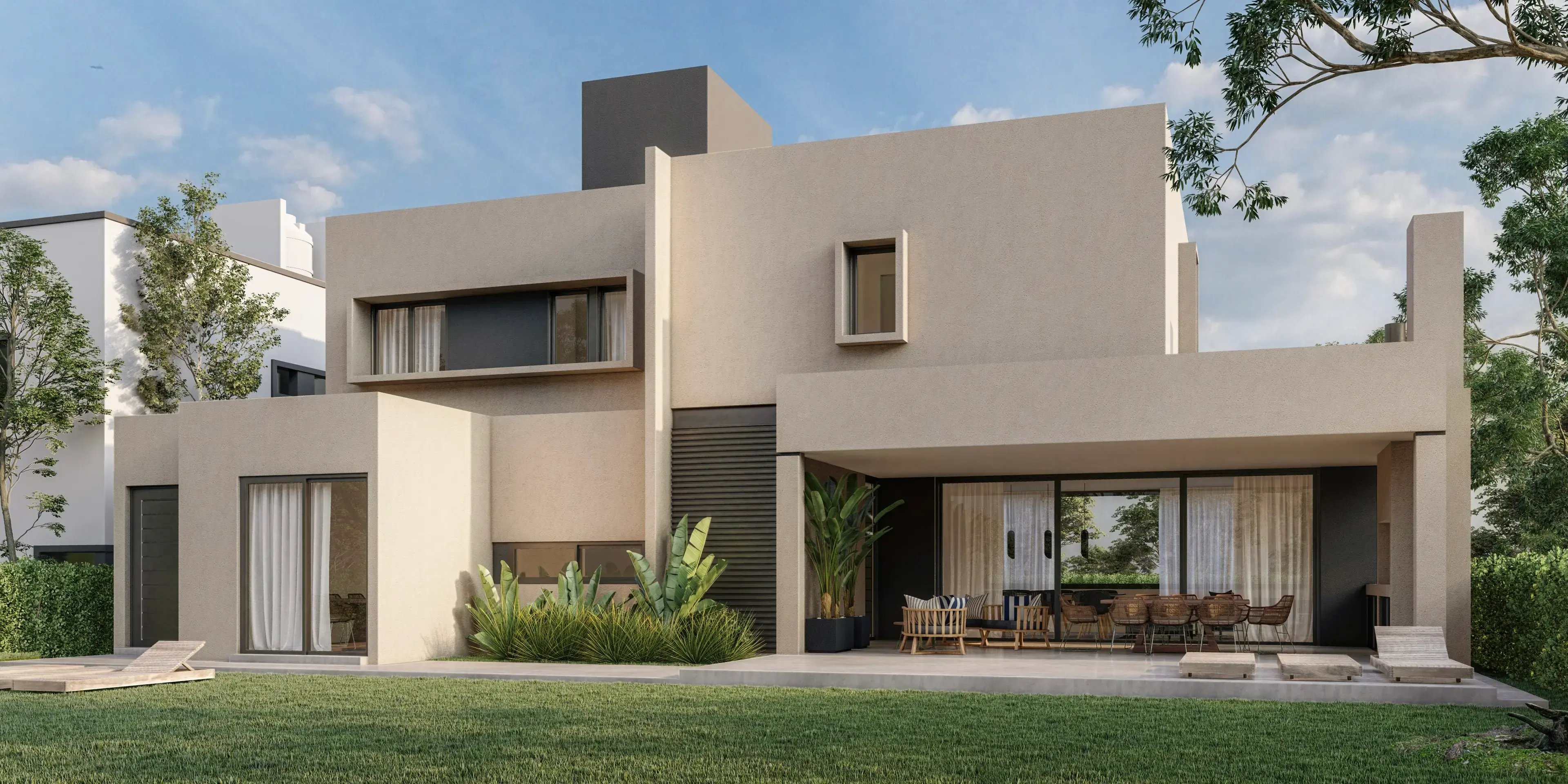 Fachada de casa unifamiliar de 2 platntas y jardín