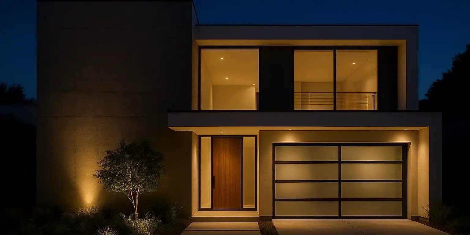 Fachada moderna de una casa con iluminación estratégica que realza el diseño por la noche