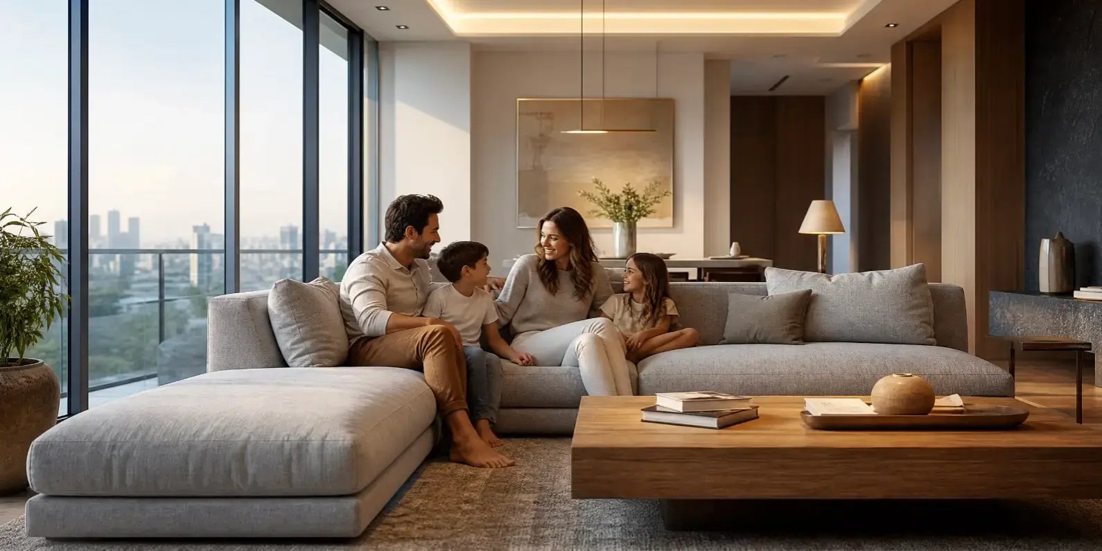 Familia feliz disfrutando en la sala de un departamento exclusivo y moderno, con diseño elegante y atemporal. Espacio amplio con ventanales grandes que dejan entrar mucha luz natural, muebles sofisticados y cómodos.