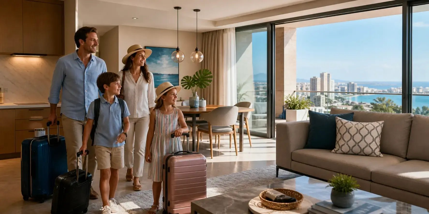 Familia llegando y rentando un departamento exclusivo para vacaciones, entrando a un espacio moderno y elegante con maletas. El departamento cuenta con acabados de lujo, sala amplia, decoración contemporánea y ventanales con vista atra