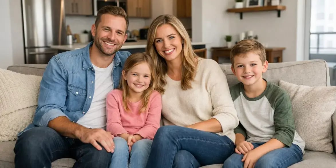 Familia sentada en el sillon de la sala de su departamento moderno