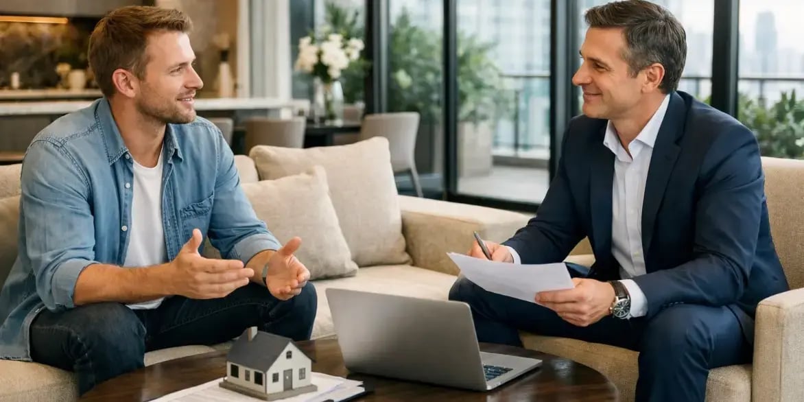 Hombre Hablando con Asesor Hipotecario para invertir en un Departamento Exclusivo