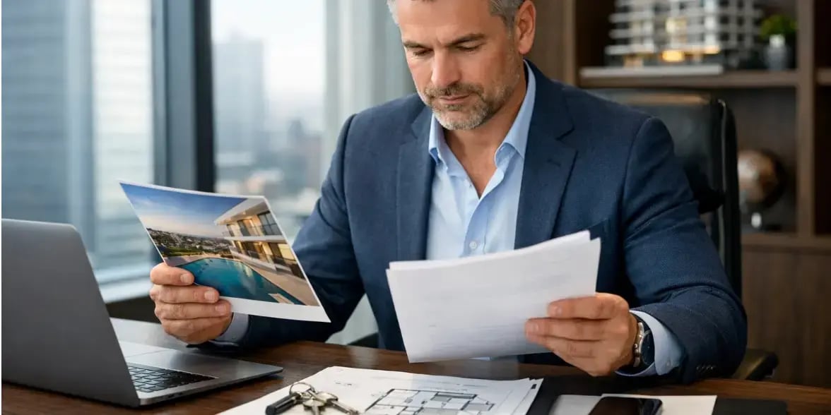 Hombre caucasico en su oficina revisando documentos para comprar un departamento exclusivo