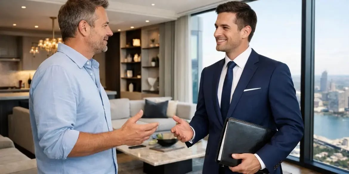 Hombre caucasico hablando con un broker inmobiliario en un departamento exclusivo