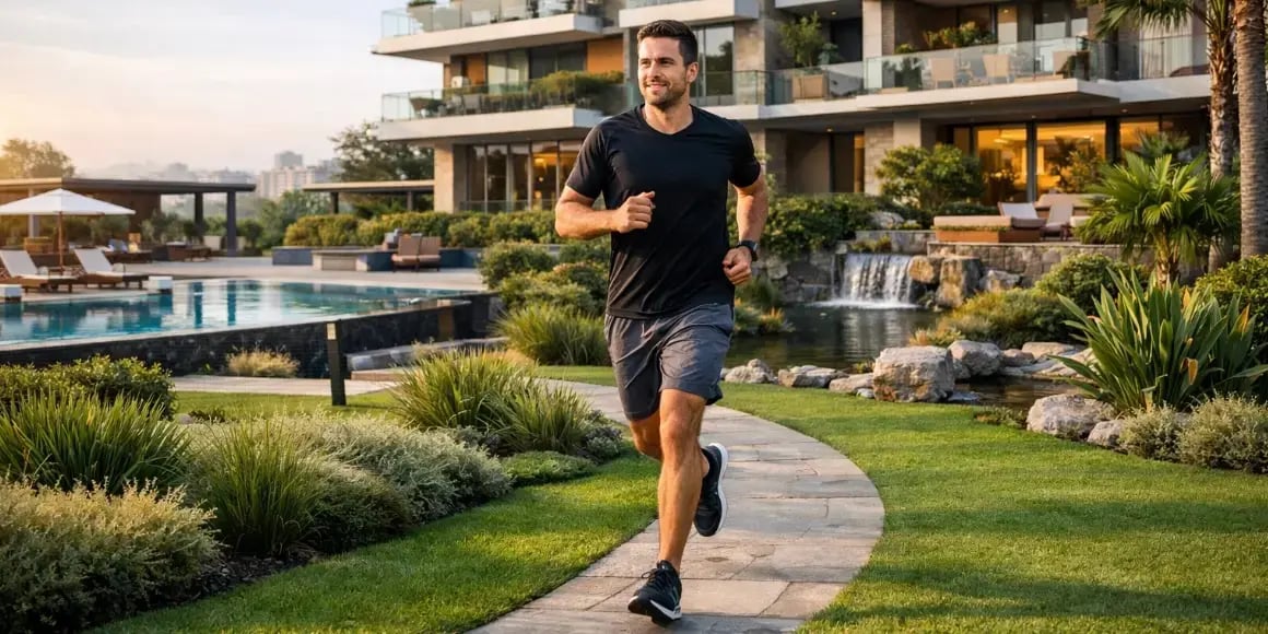 Hombre corriendo en las areas verdes de su departamento exclusivo