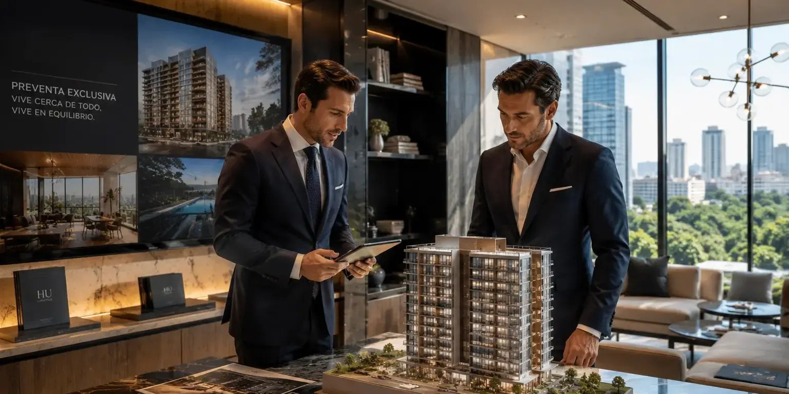 Hombre de negocios elegante revisando la preventa de un departamento en un desarrollo exclusivo, observando renders arquitectónicos y maqueta del proyecto junto a un asesor inmobiliario