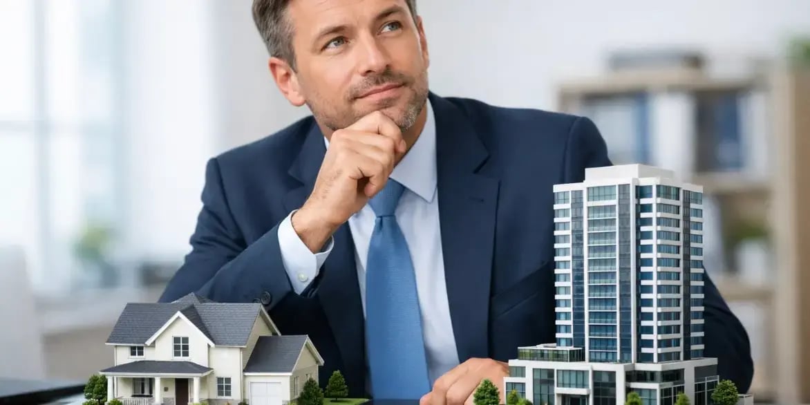 Hombre de negocios pensando en invertir en bienes raices con una maqueta de una casa y edificio