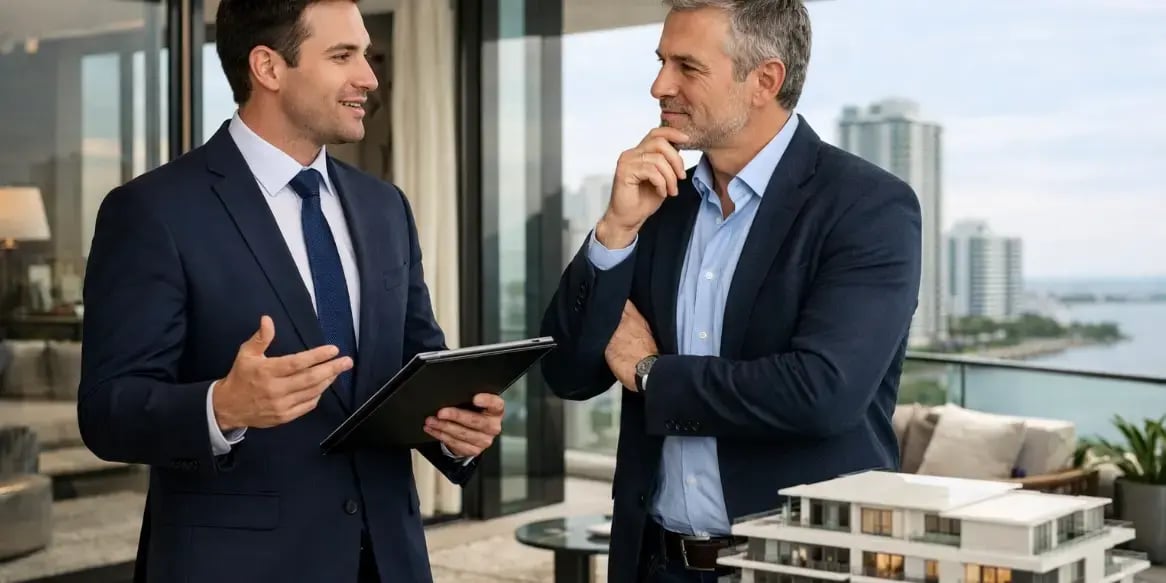 Hombre de negocios pensando en invertir en un departamento exclusivo y est hablando con un broker inmobiliario