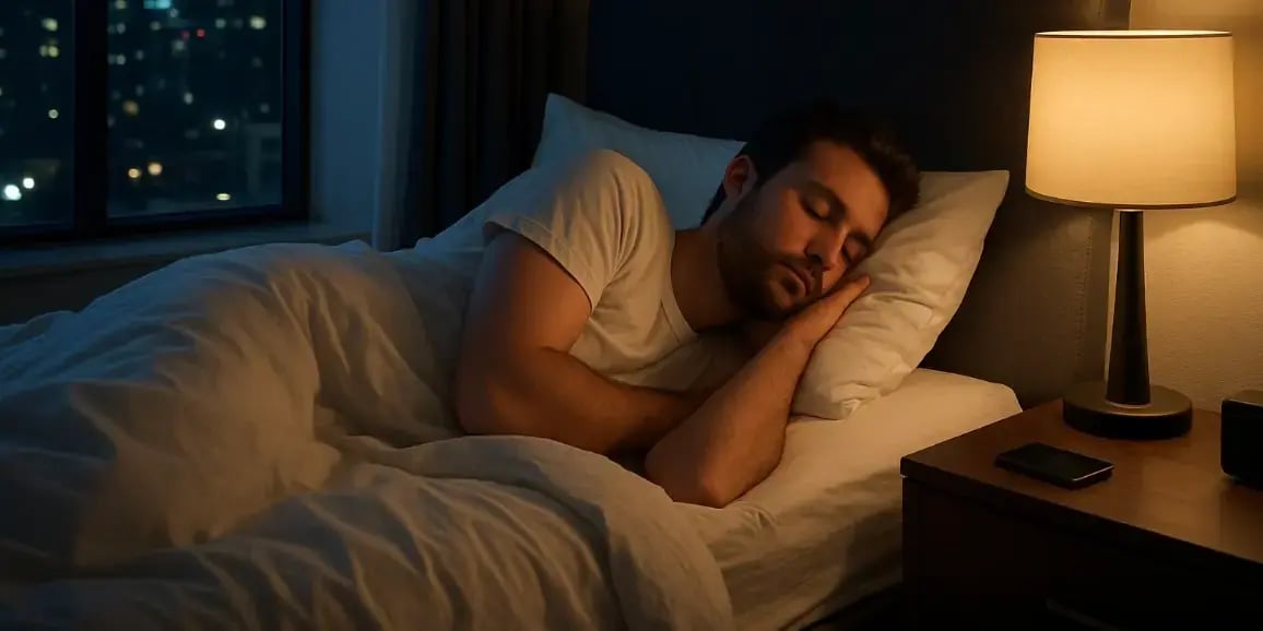 Hombre durmiendo en la noche en la recamara de su departamento exclusivo