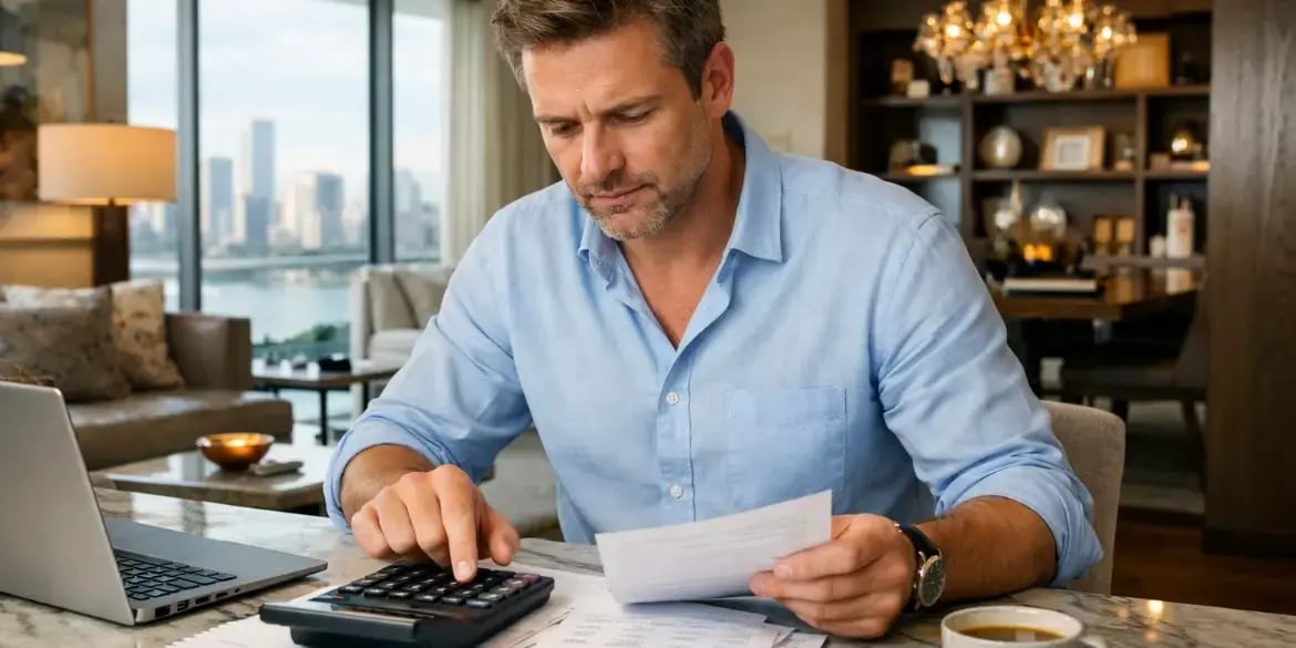 Hombre en un departamento exclusivo haciendo cuentas con una calculadora