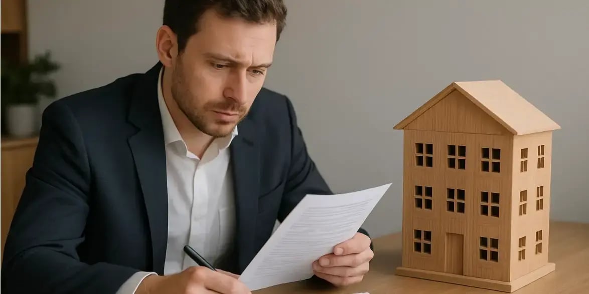 Hombre en un escritorio revisando la documentacin de la compra de un departamento de madera que se encuentra sobre un escritorio