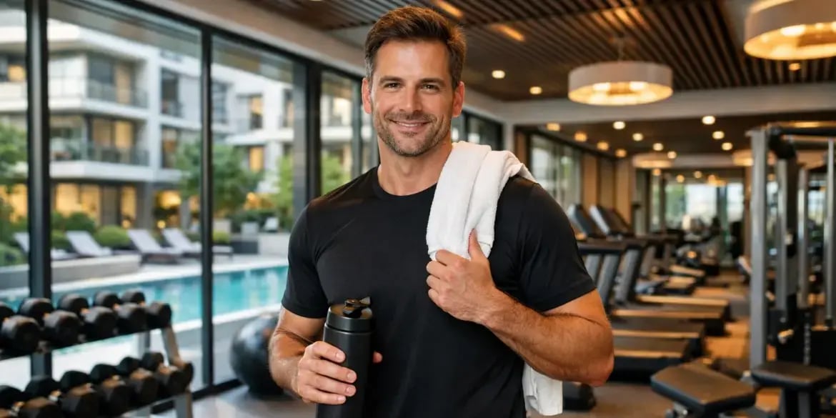 Hombre en un gimnasio moderno dentro de un desarrollo de departamentos exclusivos