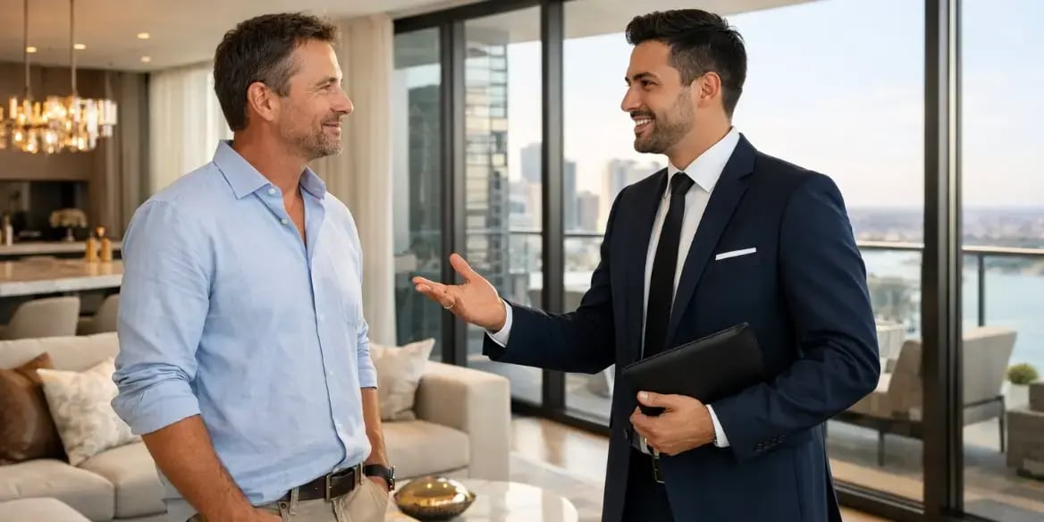 Hombre hablando con un asesor inmobiliario en un departamento exclusivo