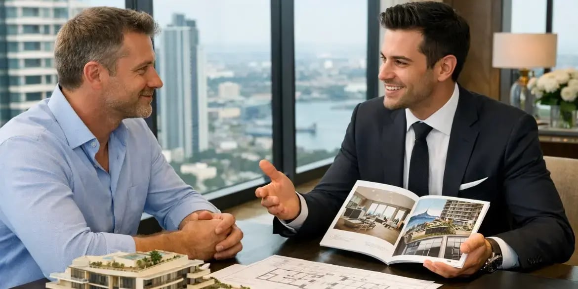 Hombre hablando con un asesor inmobiliario para comprar un departamento exclusivo