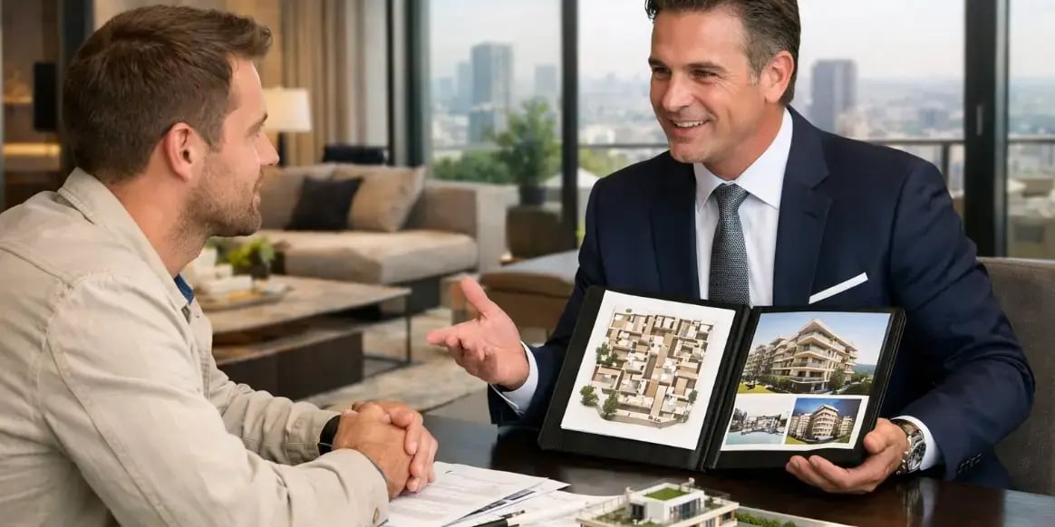 Hombre hablando con un broker inmobiliario para comprar un departamento exclusivo