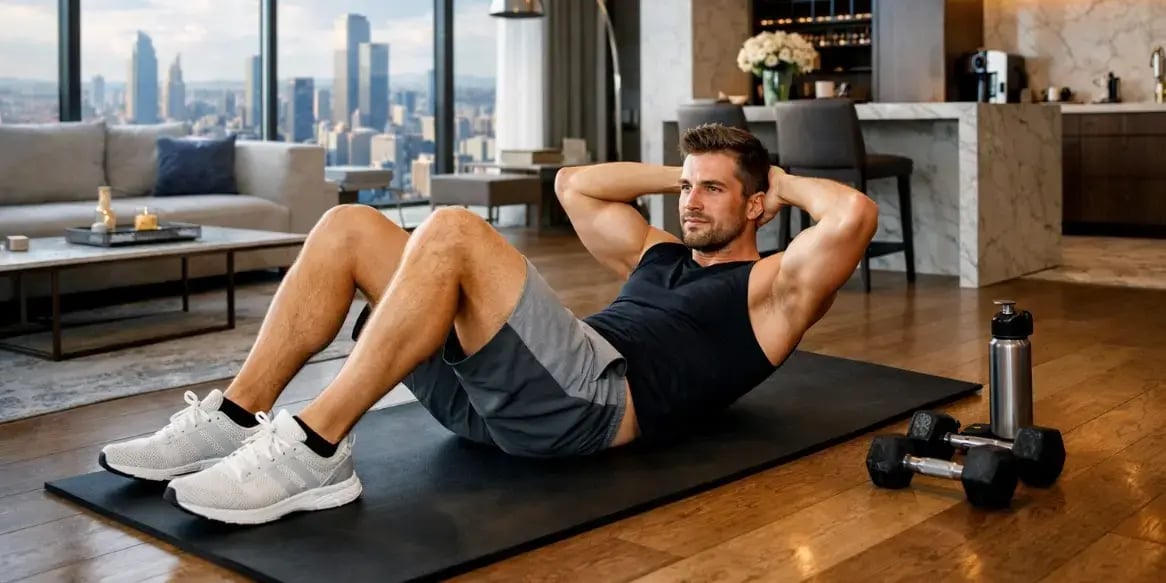 Hombre haciendo abdominales en su departamento exclusivo