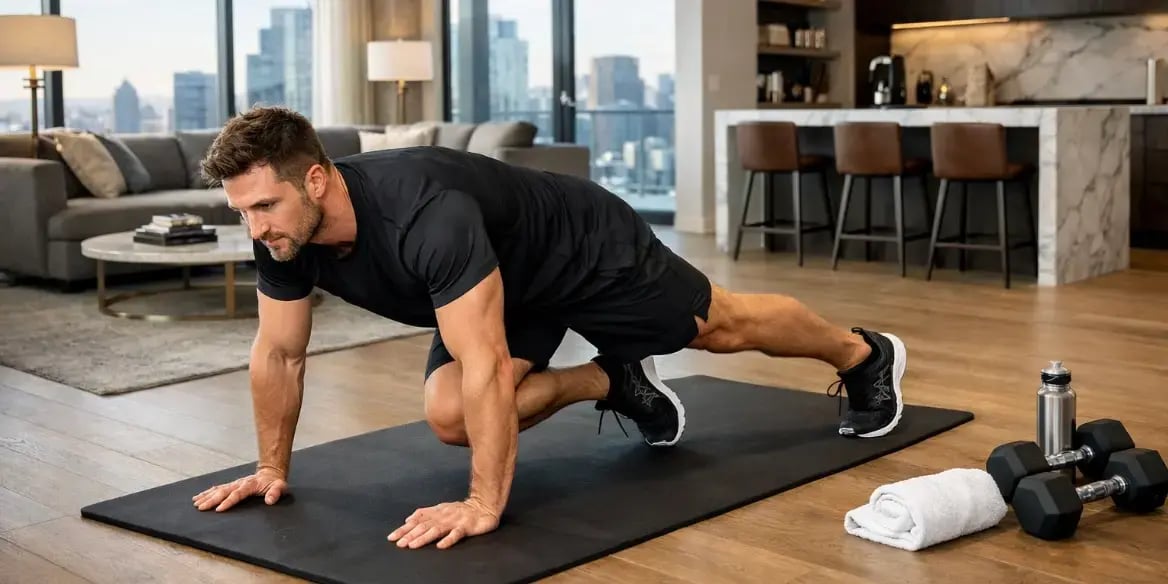 Hombre haciendo mountain climbers en su departamento exclusivo