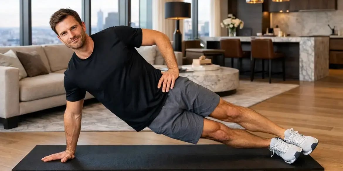 Hombre haciendo plancha lateral en su departamento exclusivo