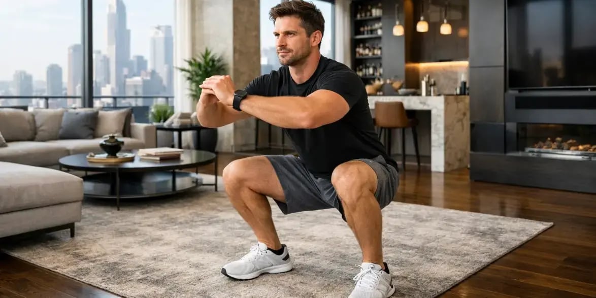 Hombre haciendo sentadillas en su departamento exclusivo