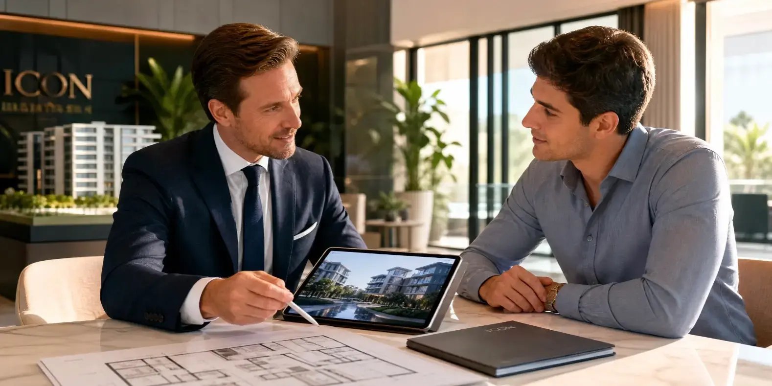 Hombre junto a un asesor inmobiliario revisando la compra de un departamento en un entorno moderno y elegante. Ambos están conversando y observando planos, una tablet o firmando documentos sobre un escritorio.