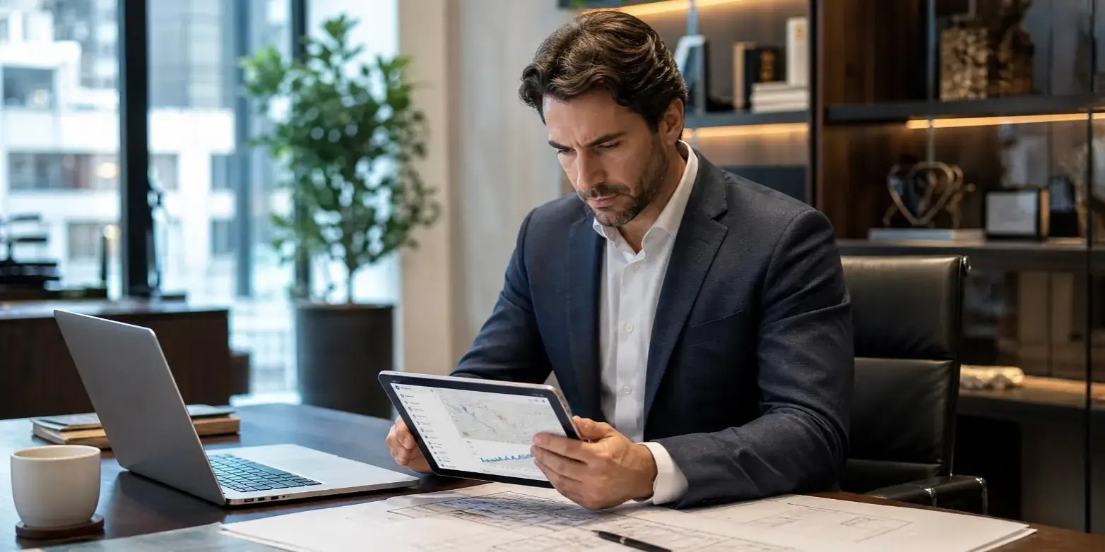 Hombre profesional revisando la ubicación y plusvalía de un desarrollo exclusivo de departamentos, observando planos, mapas o una tablet con información inmobiliaria.