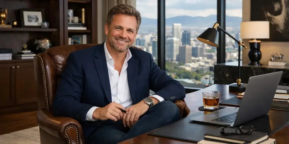 Hombre sentado en la oficina de su departamento exclusivo