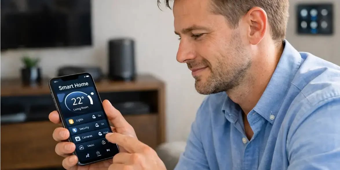 Hombre viendo en el smatphone la aplicación de su casa inteligente