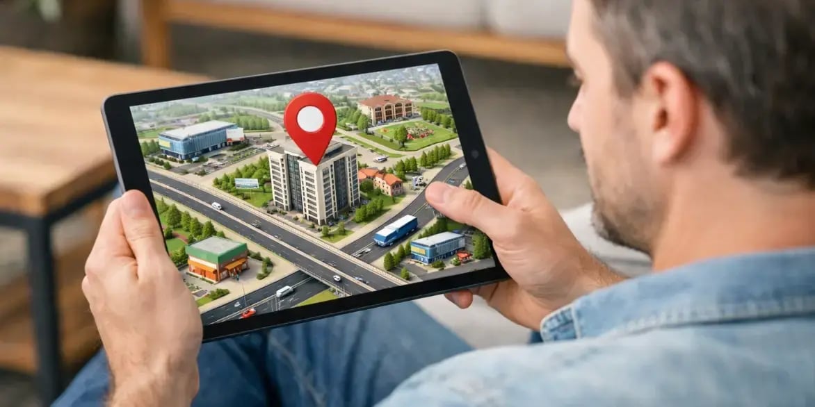 Hombre viendo en un ipad la ubicacion de un departamento con zonas comerciales vias de comunicacion escuelas cercanas
