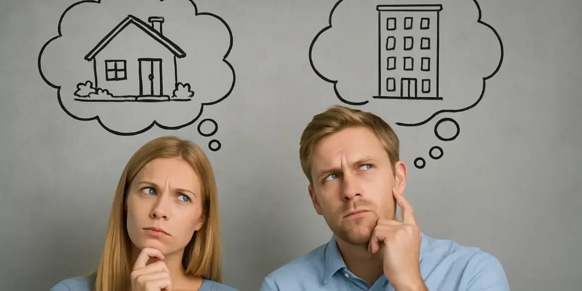 Hombre y mujer pensando que deben elegir comprar si casa o departamento