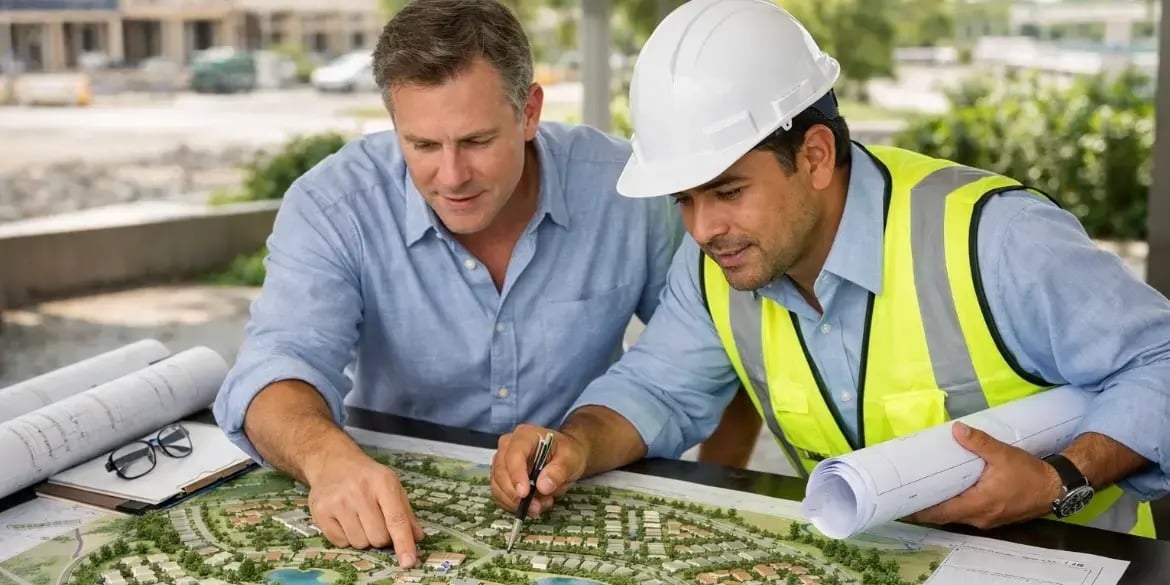 Hombre y un arquitecto revisando los planos de una comunidad planeada