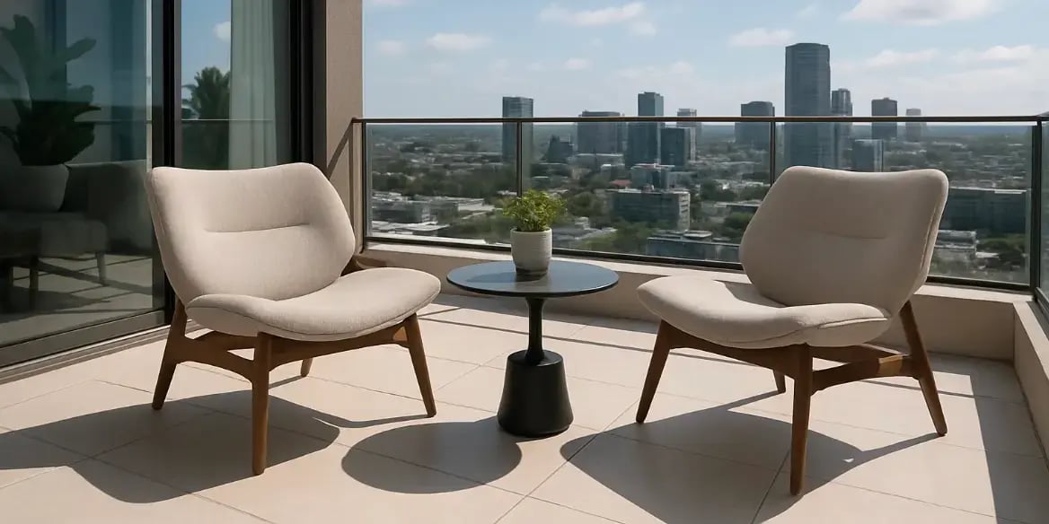 Imagen de dos sillones tipo lounge y una mesa auxiliar en la terraza de un departamento exclusivo
