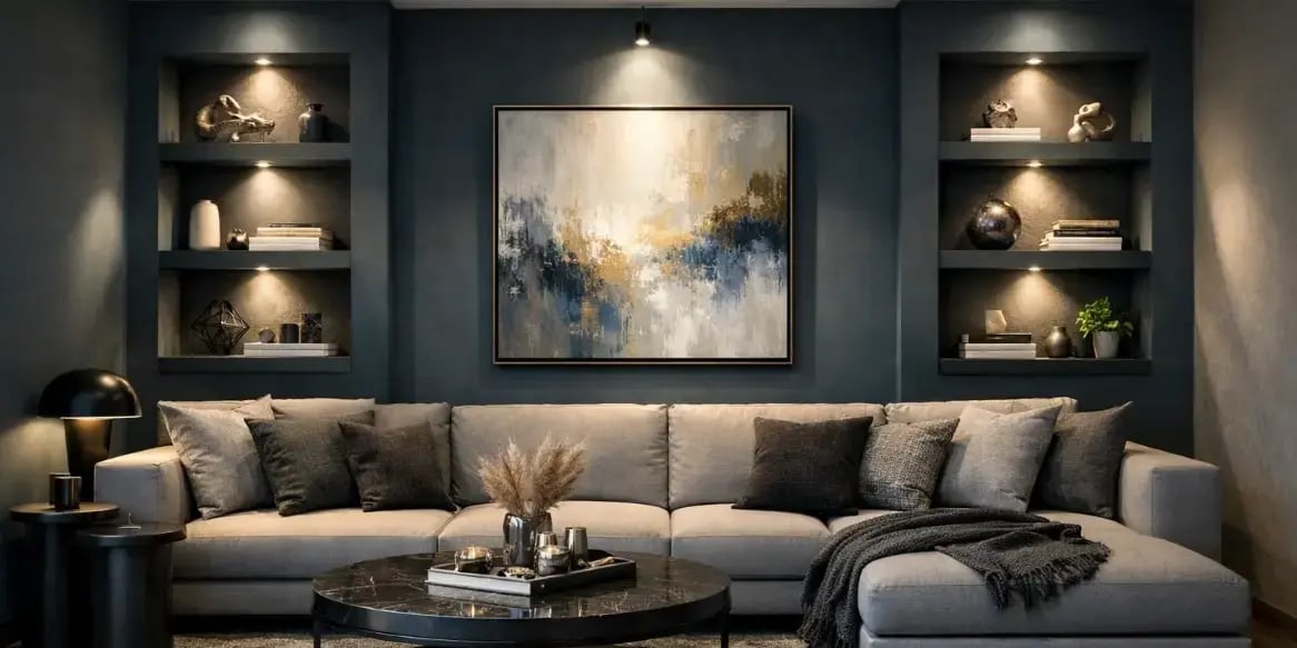 Imagen de la sala con azul petroleo y girs de un departamento exclusivo con lluminacion estrategica  con spots de luz dirigidos a 4 repisas y otra a un cuadro