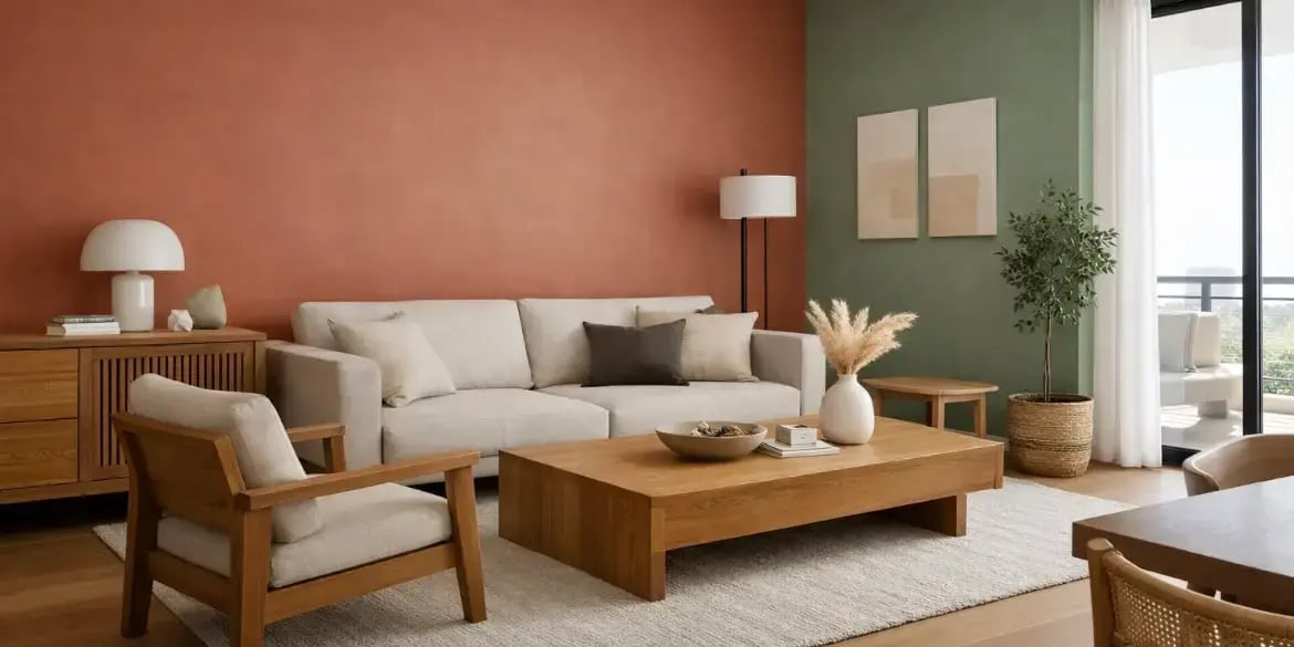 Imagen de la sala de un departamento con 2 paredes pintadas de diferentes colores modernos para una decoracion minimalista y muebles de madera